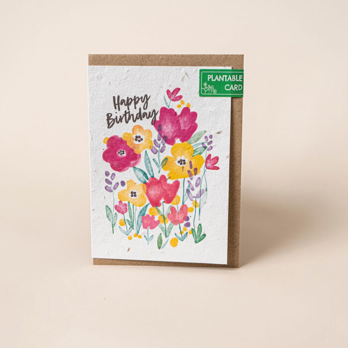 Willsow Plantable Wildflower Greetings Card - Happy Birthday Watercolour Flowers